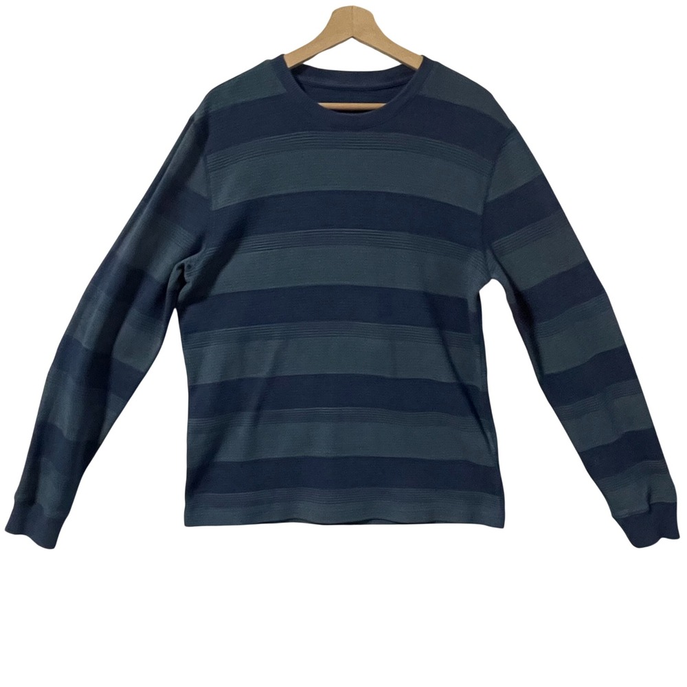 Roebuck & Co Mens Blue Striped Thermal Long Sleeve Shirt Waffle Knit Large